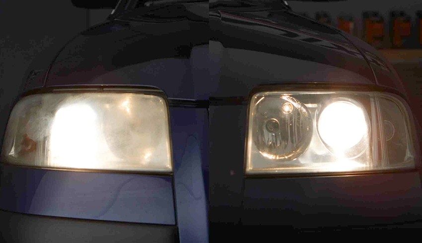 Phare avant et après traitement avec le pack Quixx Headlight restoration