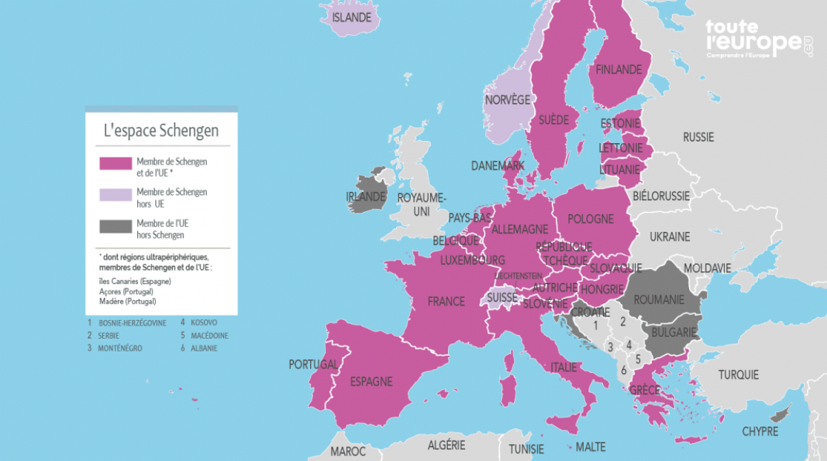 Carte de l'Europe - pays membres de l'espace Schengen 