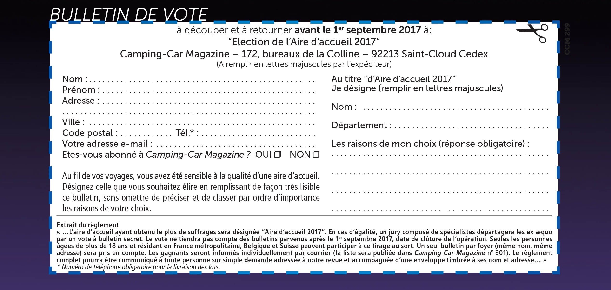 Bulletin de participation à l'élection de l'aire de l'année