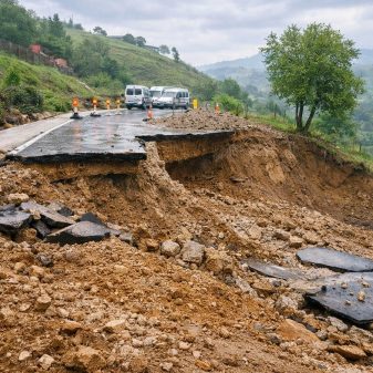 Plusieurs effondrements de terrains, générés par un très fort ruissellement, ont emporté des pans entiers de chaussée des routes nationales marocaines.