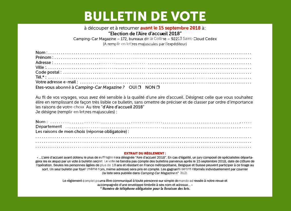 Bulletin de vote du concours de l'aire de l'année 2018