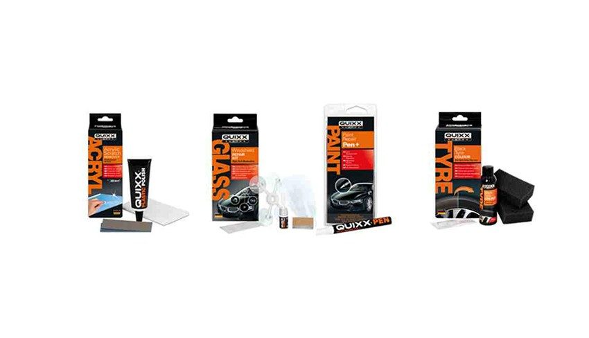Kits de réparation et d'entretien Quixx pour les vitres acryliques, carrosseries, peintures et pneus.
